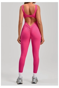 Close-up of pink backless yoga jumpsuit featuring scrunch butt lifting detail