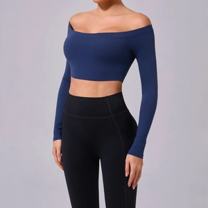 Women's Off-Shoulder Yoga Top Long Sleeve Slim Fit Gym Workout Crop Top Athletic Brushed Running T-Shirt Nylon Spandex