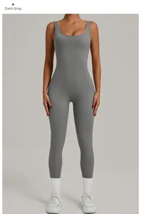 Detail of dark grey backless sleeveless yoga jumpsuit with high-stretch fabric and u-neck