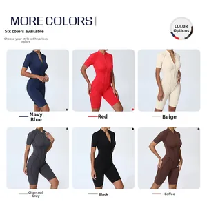 Collage of six colors of slim-fit zip-up short sleeve sports rompers for yoga and fitness