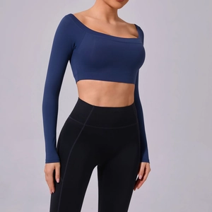 Slim fit off-shoulder long sleeve yoga top in dark blue with high elastic sport fabric