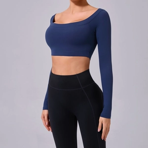 Women's tight long-sleeved yoga top and high-waist black gym leggings set