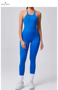 Royal blue athletic jumpsuit featuring a backless cross strap design for women's fitness