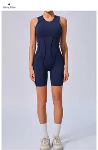 Detail of navy blue athletic bodysuit with structural contrast seams and high-stretch fabric