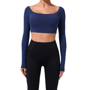Women's square neck navy blue long sleeve yoga crop top and high waist leggings set