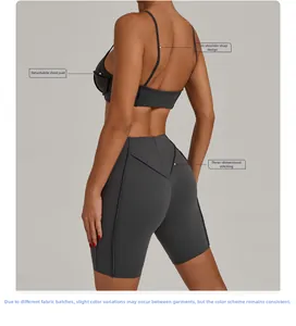 Détail de la couture en V sur le short de yoga taille haute avec brassière de sport