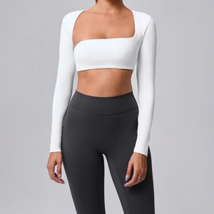 T-Shirt Yoga Brossé pour Femmes Shrug Manches Longues Crop Top Col Carré Asymétrique Dos Nu Fitness Gym Haut Ajusté