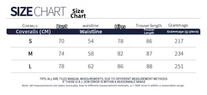 Detailed size chart for the athletic jumpsuit showing bust, waist, and hip measurements