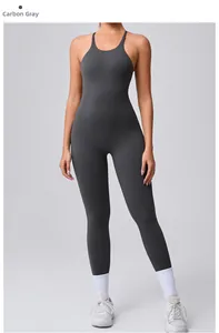 Detailed close-up of charcoal grey high-elasticity yoga jumpsuit with adjustable straps