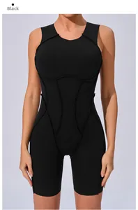 Close-up of black sleeveless yoga bodysuit showing structured slimming seam details