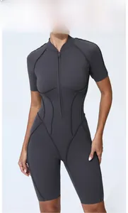 Front zipper detail on charcoal gray high-elasticity short sleeve yoga bodysuit