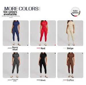 Collage of slim fit short sleeve yoga jumpsuits available in six different colors