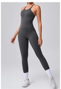 Deep grey yoga bodysuit featuring adjustable back straps and high-stretch fabric