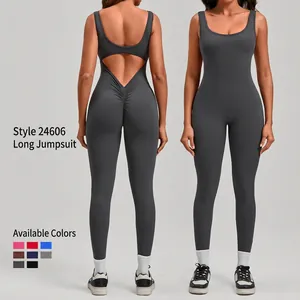 Women's Backless Yoga Jumpsuit Nylon Spandex Ruched Scrunch Butt Lifting Sleeveless V-Waist Gym Fitness Bodysuit Activewear