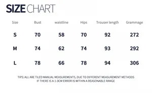 Size chart for women's yoga set including measurements for bust, waist, hips, and length
