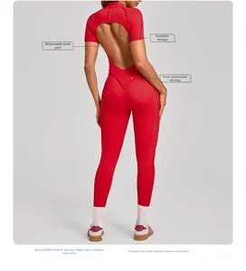 Detail view of red yoga bodysuit featuring back cutout design and high-elastic fabric