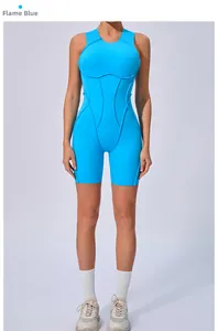 Detail of flame blue fitness jumpsuit with 3D structural seams and bodycon fit