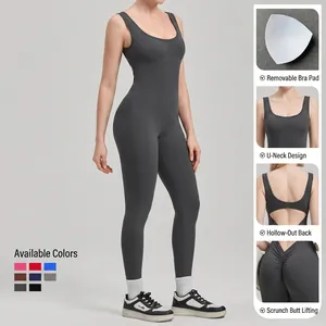 Dark grey backless yoga jumpsuit with U-neck and ruched bum lifting design for women