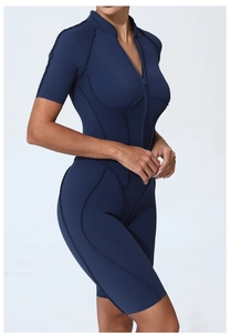 Detail of navy blue athletic bodysuit featuring front zipper and decorative stitching