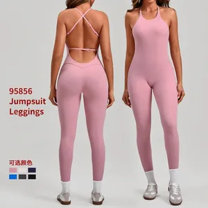 Women's Sexy Backless Yoga Jumpsuit Cross Straps Peach Hip Lifting Sport Romper Slim Fit One Piece Bodysuit For Fitness Gym