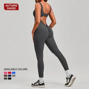 Deep grey backless yoga jumpsuit with scrunch butt detail for outdoor fitness wear