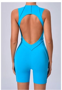 Detailed back view of blue athletic romper with teardrop cutout and high neckline