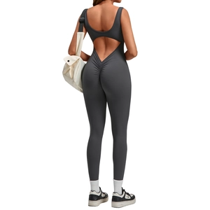 Dark gray backless yoga jumpsuit with scrunch butt lifting design for fitness and running