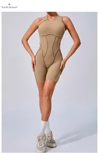 Detailed front view of mud brown seamless yoga bodysuit with slimming contour lines