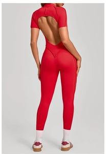 Macro shot of back hollow-out detail on red yoga bodysuit with high elastic fabric