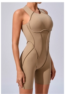 Detailed side view of khaki bodycon yoga jumpsuit showing 3D seam lines and cut-out neck