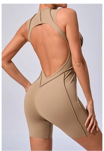 Detail view of the open-back design and high-elastic fabric on khaki yoga bodysuit