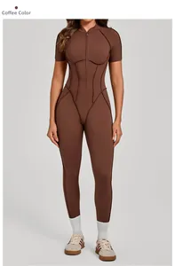 Front view of brown stand collar yoga jumpsuit featuring high-stretch fabric and zipper detail