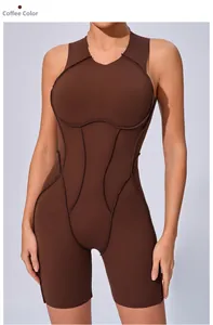 Detail shot of coffee brown yoga bodysuit featuring unique slimming curve seam design