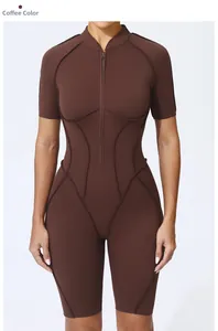 Detail of coffee brown short sleeve yoga romper with stand collar and front zipper closure