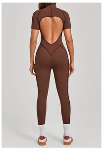 Deep coffee yoga jumpsuit featuring a stylish heart-shaped cutout on the open back
