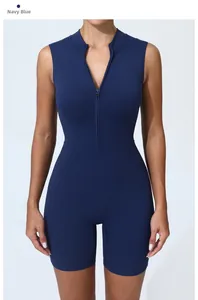 Combinaison de sport sans manches bleu marine avec fermeture éclair et tissu élastique