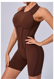 Close-up of dark brown slim fit yoga bodysuit with 3D corset-style seam detailing