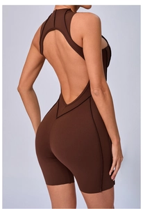Detail view showing V-shape open back design on a brown athletic yoga bodysuit
