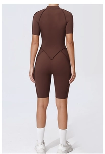 Detail of V-shaped back seam on dark brown short sleeve yoga jumpsuit for women