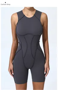 Detailed front view of charcoal grey athletic bodysuit with contouring contrast stitching