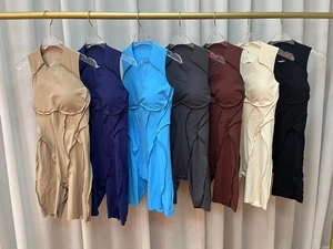 Detail showing seven available colors and seam construction of sleeveless yoga jumpsuits