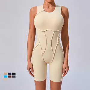 Women's One-Piece Sporty Jumpsuit Backless Yoga Romper Seamless Tight Fit Body Sculpting Athletic Unitard With Contrast Seams