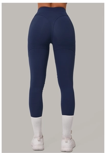 Détails du pantalon de yoga bleu marine taille haute avec couture en V pour effet galbant