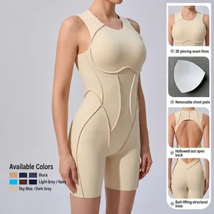 Slimming beige seamless yoga bodysuit with hollow racerback and contouring stitch lines