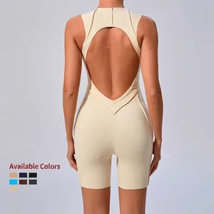 Slim fit backless sports romper in beige with high neck and 3D stitched contour lines