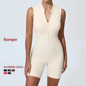 Body de Yoga Sans Manches Pour Femmes Fermeture Éclair Avant Col Montant Romper Sportif Moulant Combinaison Nylon Élasthanne