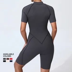Women's short sleeve sports bodysuit with back stitching detail and multiple color options