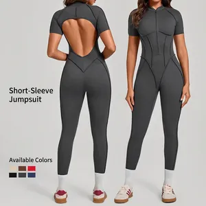 Women Stand Collar Zipper Jumpsuit Short Sleeve Slim Fit Yoga Unitard Open Back Nylon Spandex Sportswear One Piece Jumpsuit