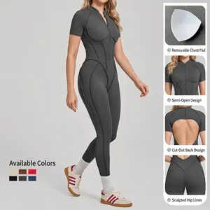 Short sleeve yoga jumpsuit with half-zipper, 3D butt-lift, and cutout back details