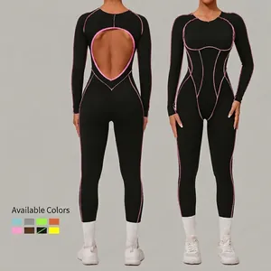 Combinaison de Yoga Haute Élasticité pour Femme Manches Longues Bloc de Couleur Body Sport Dos Nu Coupe Slim Nylon Spandex